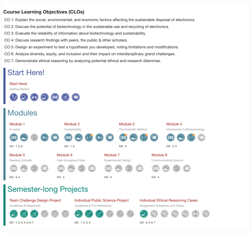 This screenshot of a Moodle Course Roadmap shows a list of course learning objectives followed by three major phases, which are further divided into multiple cycles. Each cycle contains one or more colored icons indicating the learning steps and their activity completion status.